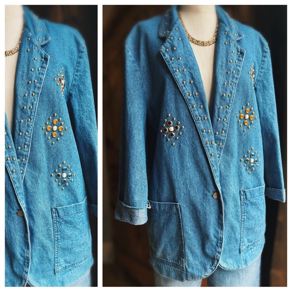Vintage Studded Denim Blazer Jewel Embellished Western Boho Medium - Picture 4 of 12